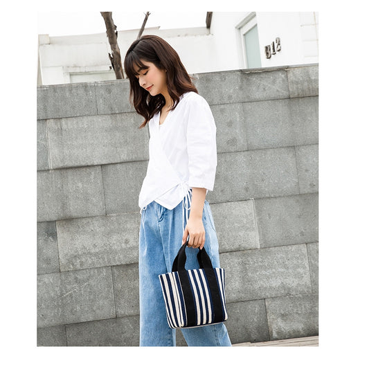 IELGY Simple striped canvas bag, small fresh canvas handbag, messenger handbag