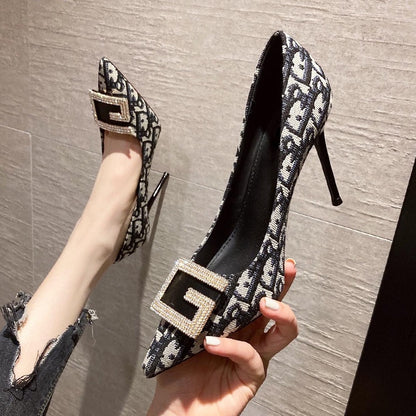 IELGY Fashion High Heels Female Niche Rhinestone Square Buckle Pointed Toe