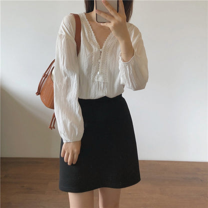 IELGY Ladies Long Sleeve V-neck Stitching Chiffon White Shirt Loose and Thin