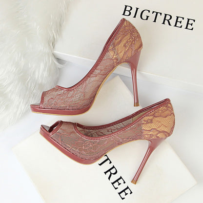 IELGY Fishbill High Heels Women's Shoes Sexy 9.5cm Stiletto Platform Mesh Hollow Lace