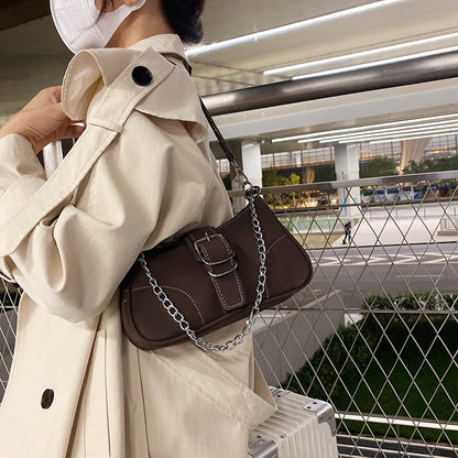 IELGY fashion solid color chain shoulder bag with belt buckle decoration
