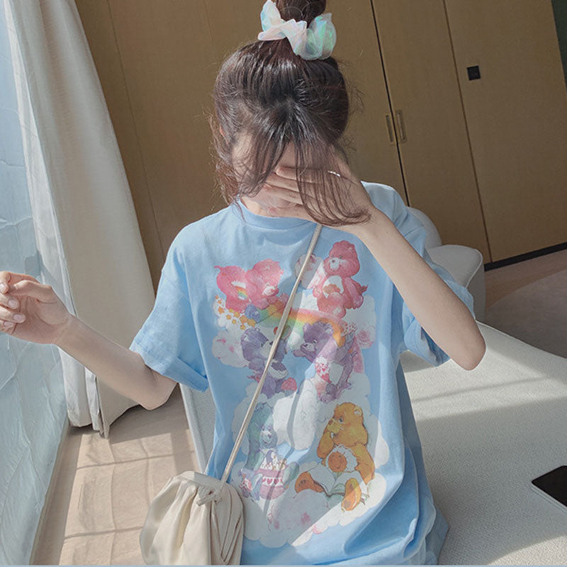 IELGY Women's clothes Blue Top Print Loose Short sleeve Bear T-shirt Casual Medium length