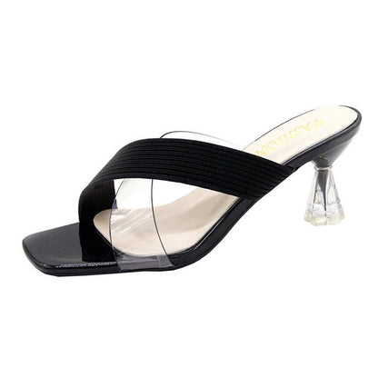IELGY Fashion Transparent High Heel Square Toe Open Toe Roman Slippers Female Trend