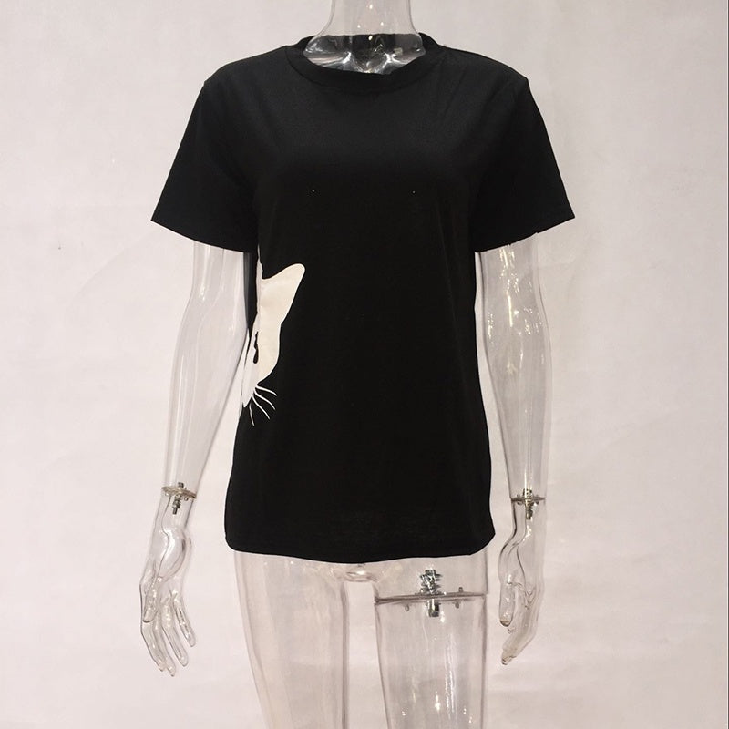 IELGY hot cat pattern printed round neck slim short-sleeved loose casual T-shirt top