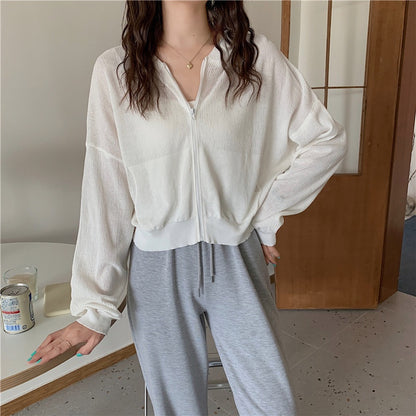 IELGY Fashion Hooded Sunscreen Zipper Breathable Thin Top Women Knitted Cardigan Long Sleeve