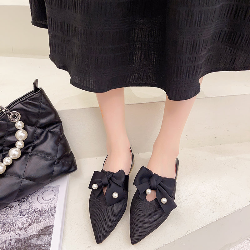 IELGY Baotou sandals female pointed thick heel with bowknot pearl fairy style