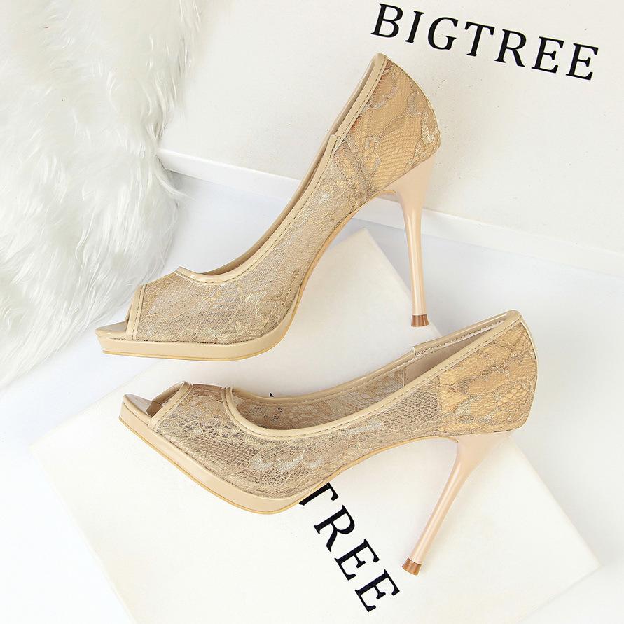 IELGY Fishbill High Heels Women's Shoes Sexy 9.5cm Stiletto Platform Mesh Hollow Lace