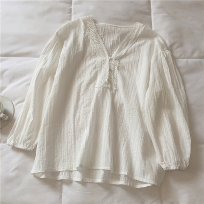 IELGY Ladies Long Sleeve V-neck Stitching Chiffon White Shirt Loose and Thin