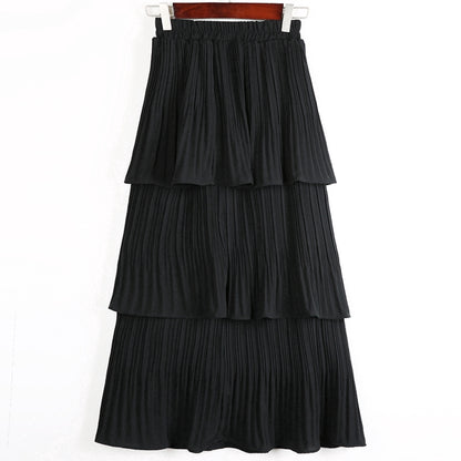 IELGY Korean version of chiffon white student thick pleated midi skirt cupcake dress