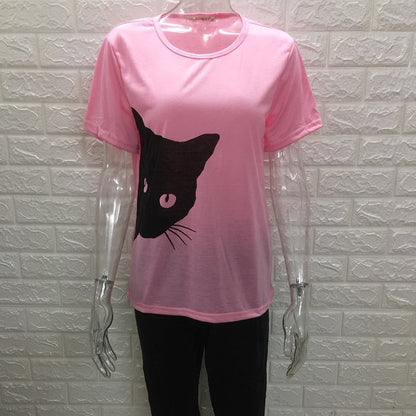 IELGY hot cat pattern printed round neck slim short-sleeved loose casual T-shirt top