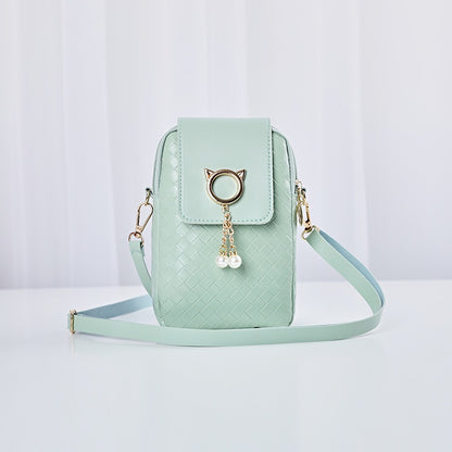 IELGY Cover type Tassel Mobile phone Woven Pearl Korean version Woman's bag Black One shoulder Diagonal