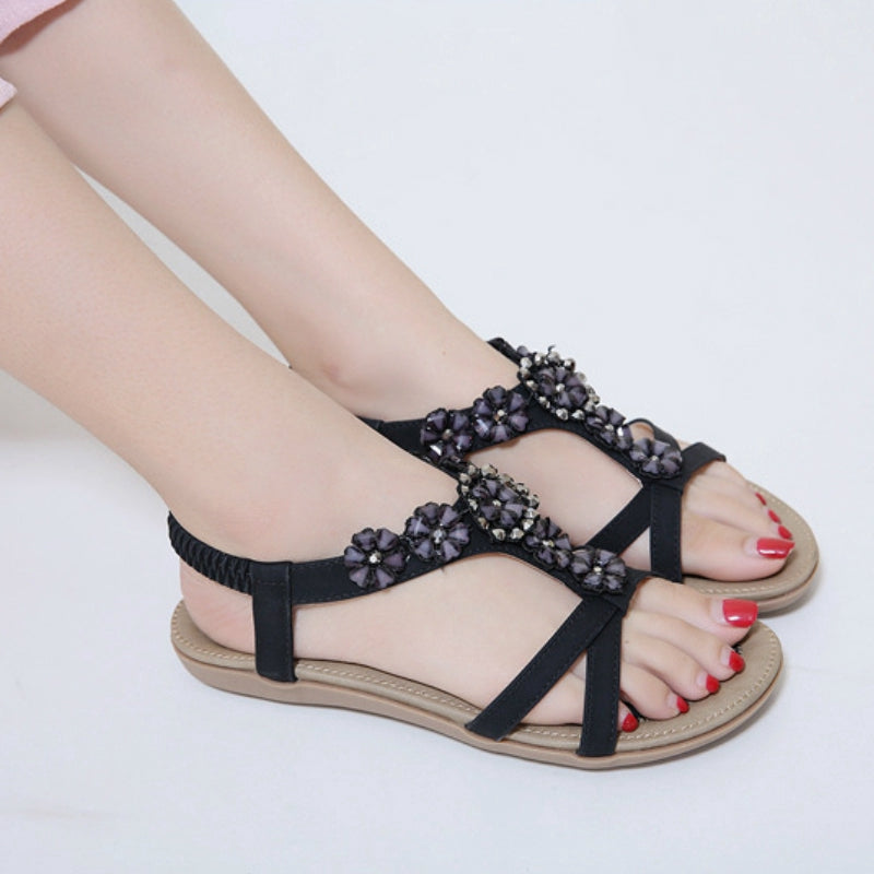 IELGY [Size35-42] Plus size beach shoes sweet bohemian flowers rhinestone casual flat sandals women