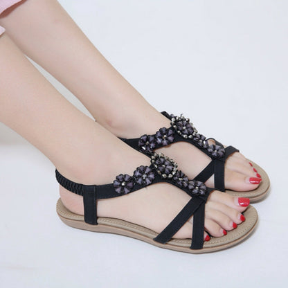 IELGY [Size35-42] Plus size beach shoes sweet bohemian flowers rhinestone casual flat sandals women