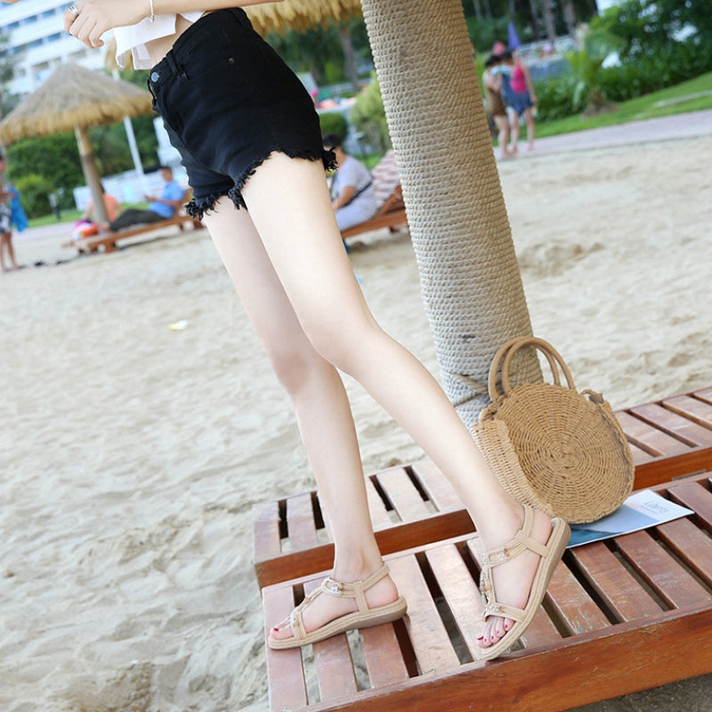 IELGY [Size35-42] large size sandals women's casual word with round head flat beach shoes women