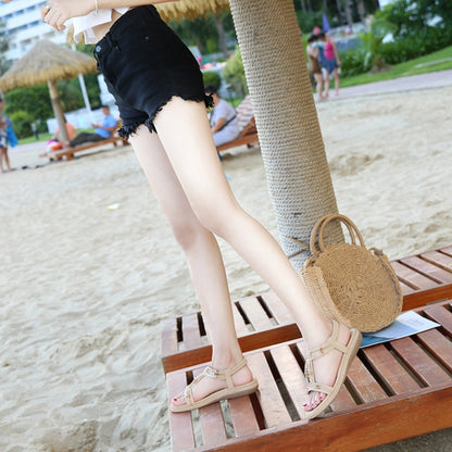 IELGY [Size35-42] large size sandals women's casual word with round head flat beach shoes women