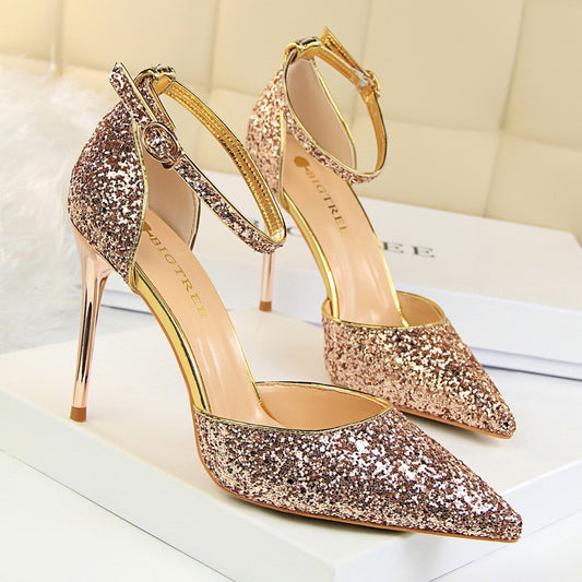 IELGY Stiletto heels shallow mouth pointed toe hollow sequins sexy nightclub was thin lady sandals