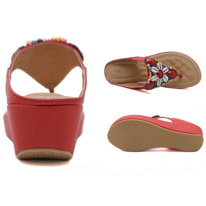 IELGY Large size sandals women leisure beach bohemian beaded 5cm wedge