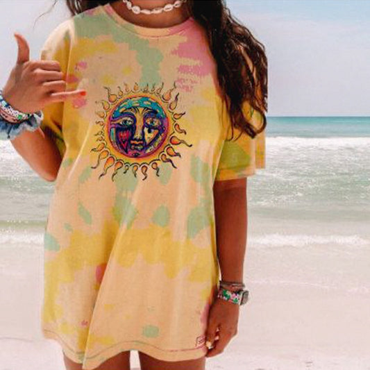IELGY summer new women's casual short-sleeved sun print fashion loose slim slimming pullover T-shirt