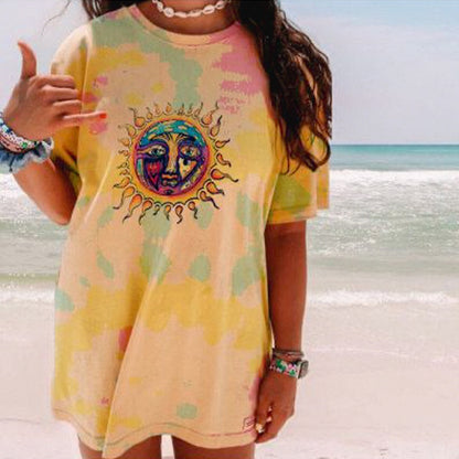 IELGY summer new women's casual short-sleeved sun print fashion loose slim slimming pullover T-shirt
