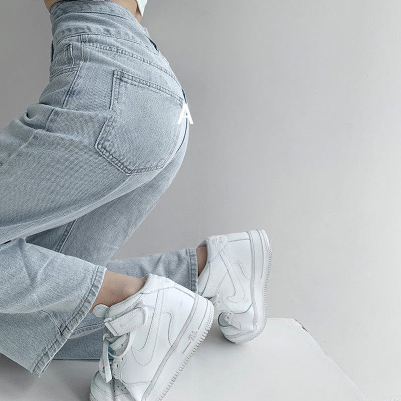 IELGY retro high-waist three-breasted straight jeans loose drape is thin and versatile