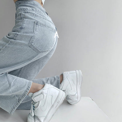 IELGY retro high-waist three-breasted straight jeans loose drape is thin and versatile