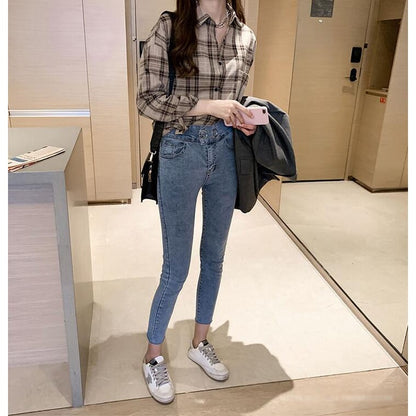 IELGY spring Korean style temperament long-sleeved plaid shirt women loose design blouse casual shirt