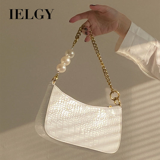 IELGY French retro crocodile-print pearl chain under the armpit bag female texture hundred with a one-shoulder sloping bag