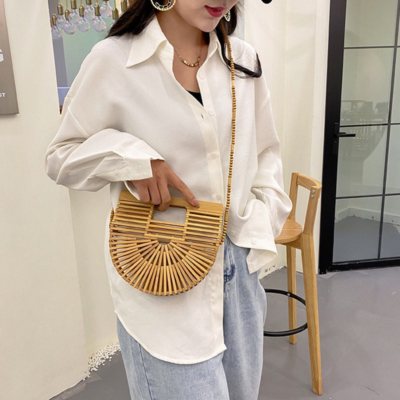 IELGY Hollow Fashion Messenger Bag Women's Bamboo Half Round Beach