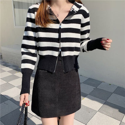 IELGY fashion design hooded double zipper short knitted sweater cardigan
