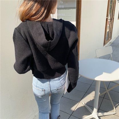 IELGY fashion design hooded double zipper short knitted sweater cardigan