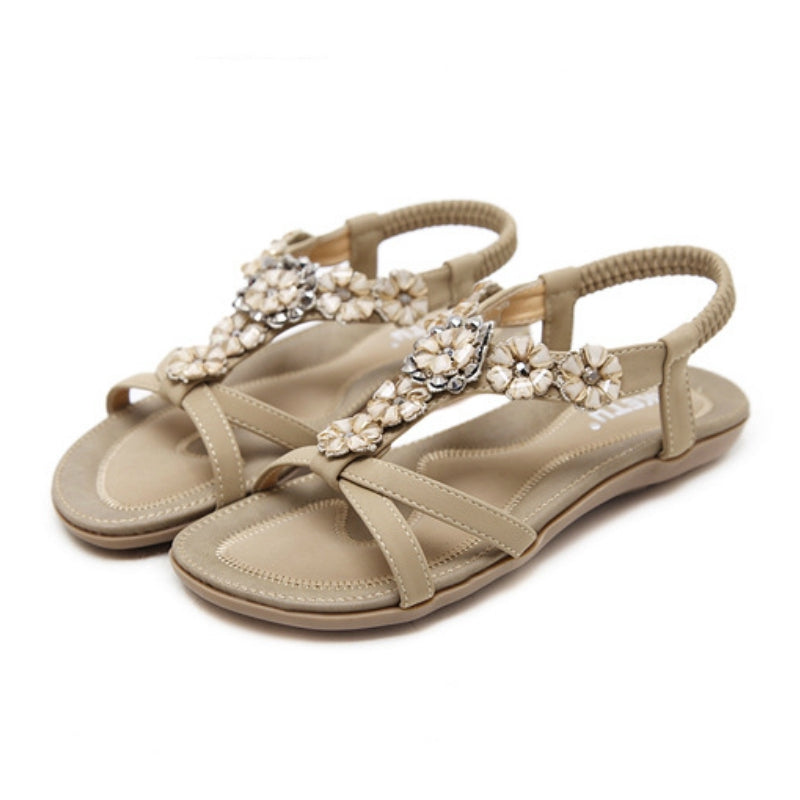 IELGY [Size35-42] Plus size beach shoes sweet bohemian flowers rhinestone casual flat sandals women