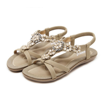 IELGY [Size35-42] Plus size beach shoes sweet bohemian flowers rhinestone casual flat sandals women