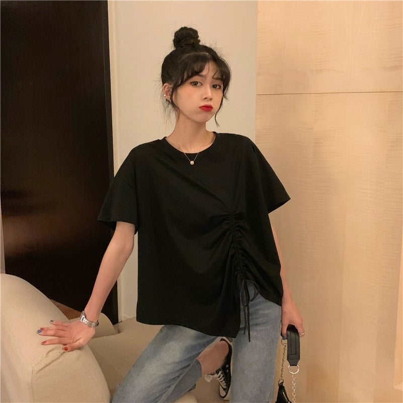 IELGY plus size women's summer drawstring irregular design sense loose short-sleeved t-shirt