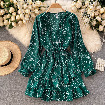IELGY Irregular Vacation Slim Short Woman's dress Ruffle Casual Fashion Sweet Polka dot