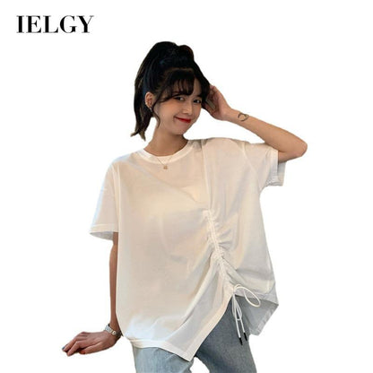 IELGY plus size women's summer drawstring irregular design sense loose short-sleeved t-shirt