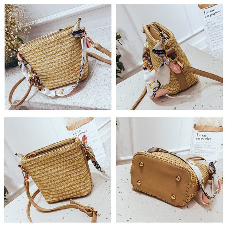 IELGY Straw shoulder slung portable beach vacation weave bucket bag