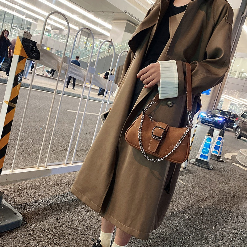 IELGY fashion solid color chain shoulder bag with belt buckle decoration