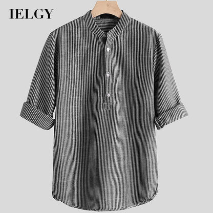 IELGY Printing Shirts Long sleeves Lapel Linen Black European and American Stripes Fashion Men's clothes