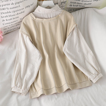 IELGY Women's clothes cream versatile fake two stitching long sleeves loose stripes sweater fashionable