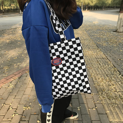 IELGY canvas bag handbag retro ins the same paragraph checkerboard shoulder bag