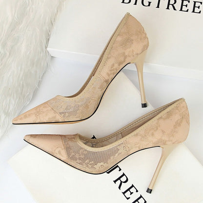 IELGY Sexy high-heeled women's shoes with stiletto pointed mesh cutout lace shoes