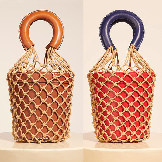 IELGY Fishing net bucket bag hand-woven rope grid hand bag