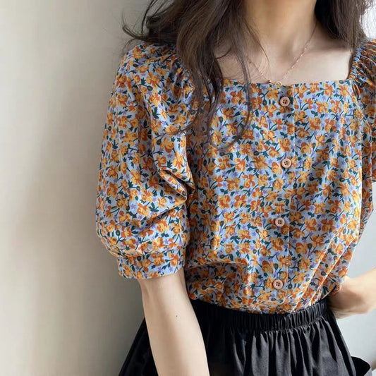 IELGY foreign style chiffon retro one-word collar floral summer design sense foreign style fashion short-sleeved shirt