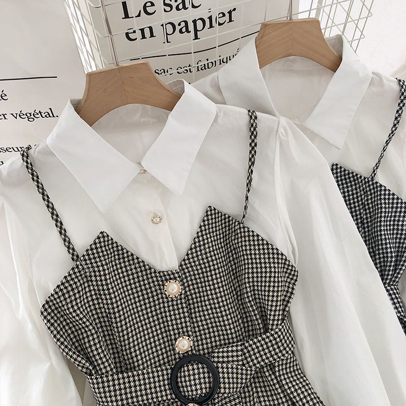 IELGY Lapel Commuter Women's shirt Check Slim fit Autumn Contrast color Fake two-piece Fashion