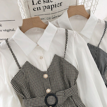 IELGY Lapel Commuter Women's shirt Check Slim fit Autumn Contrast color Fake two-piece Fashion