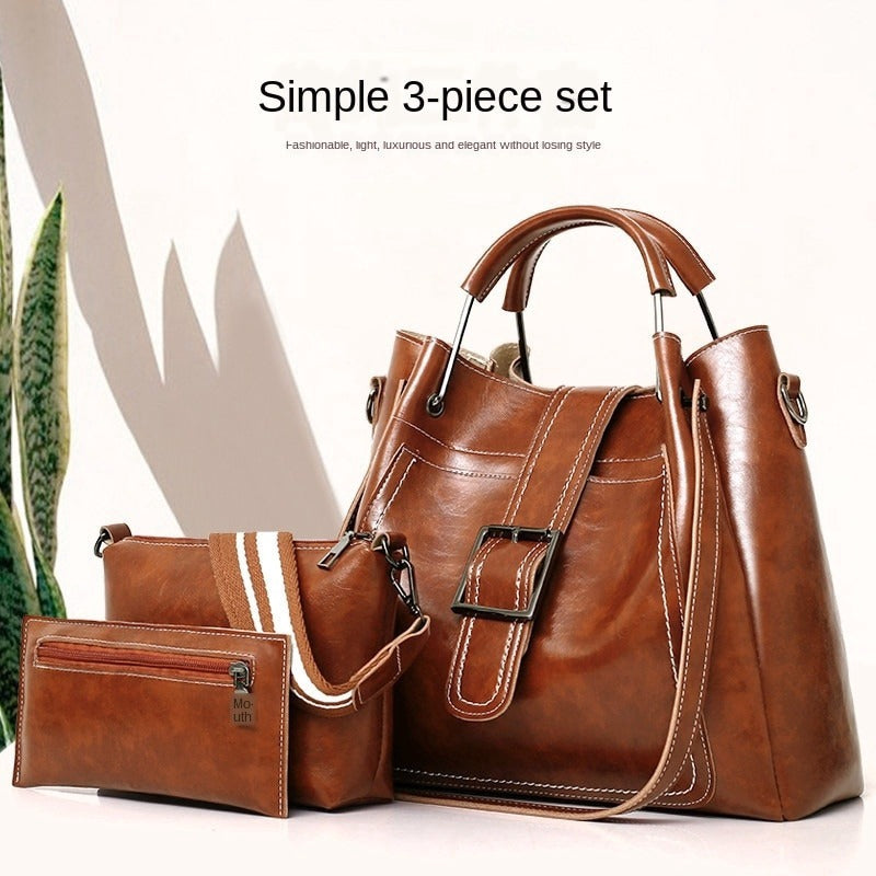 IELGY Oil wax leather female and female bag new three-piece Korean diagonal shoulder bag