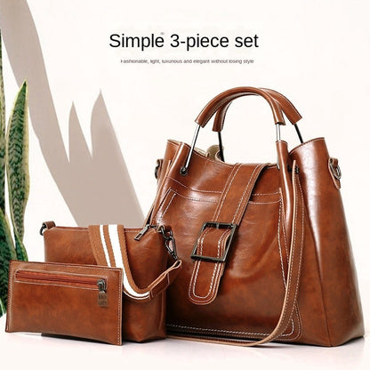 IELGY Oil wax leather female and female bag new three-piece Korean diagonal shoulder bag