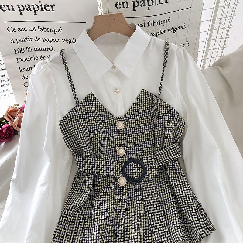 IELGY Lapel Commuter Women's shirt Check Slim fit Autumn Contrast color Fake two-piece Fashion