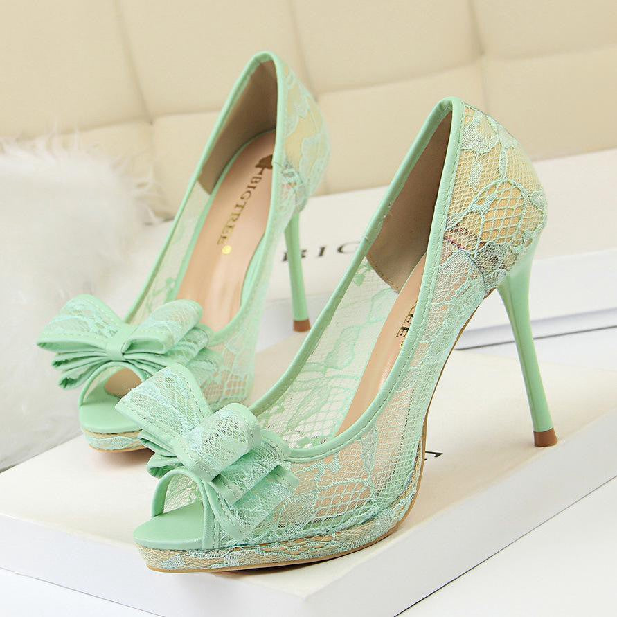 IELGY Fishtail High Heels Sexy Lace 9.5cm Stiletto Shallow Hollow Hollow Mesh Bow Women's Shoes
