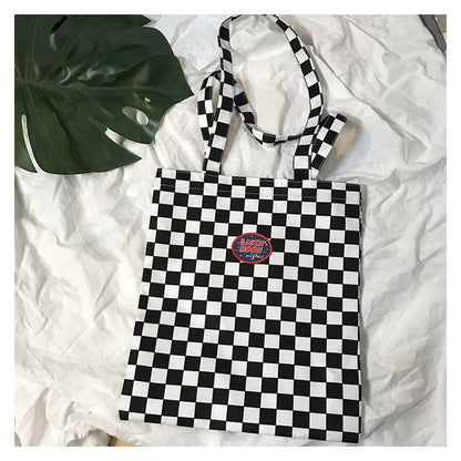 IELGY canvas bag handbag retro ins the same paragraph checkerboard shoulder bag